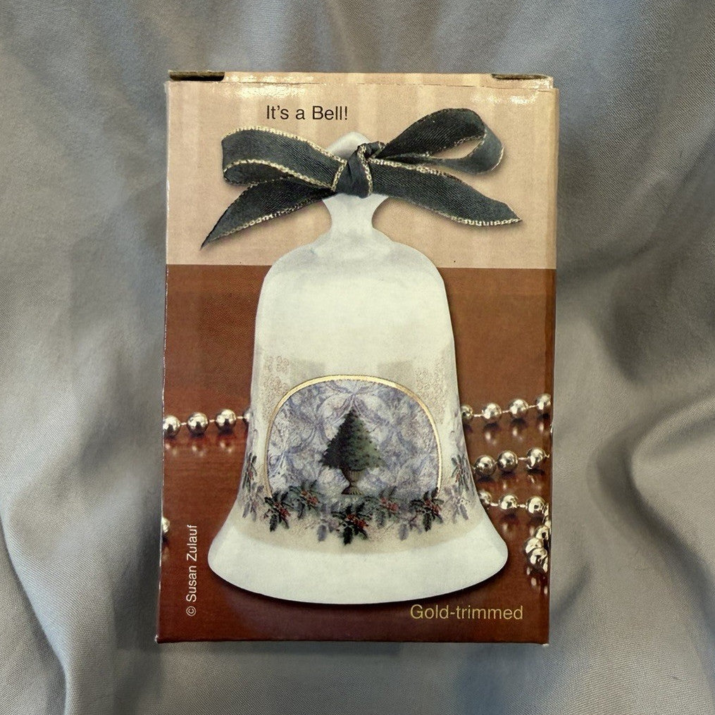 Susan Zulauf Gold Trimmed Porcelain Bell Christmas Tree Figurine w Box NEW1