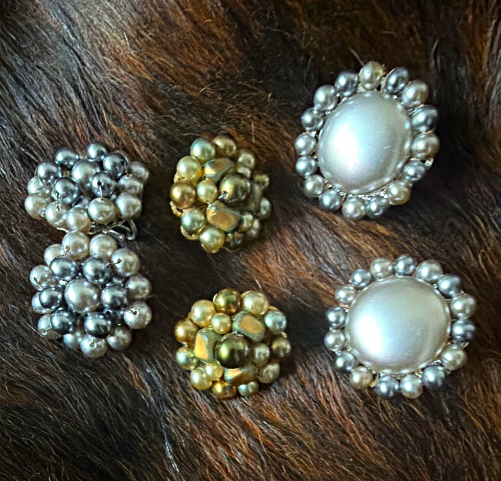 Vintage Faux Pearl Clip-On Earrings Lot 3 Pairs Cluster Cabochon Gold Silver0