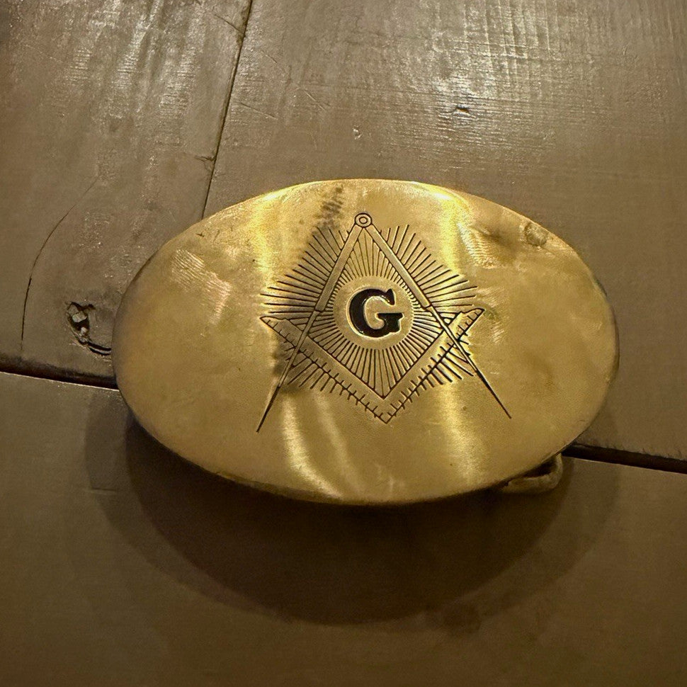 Vintage 1978 Baron Masonic Belt Buckle Solid Brass Freemason Square Compass G0
