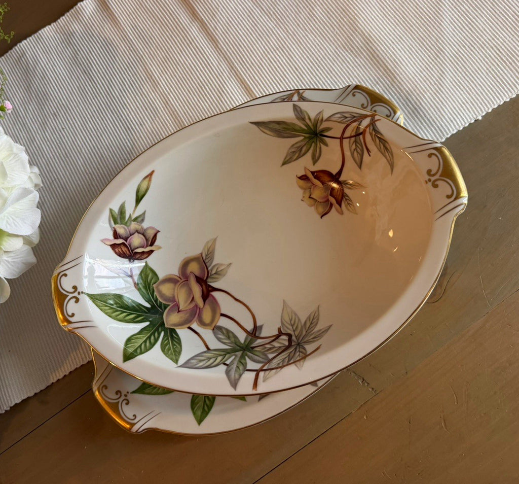 Vintage Meito China Woodrose Japan Oval Serving Platter Bowl Floral Gold Set 20