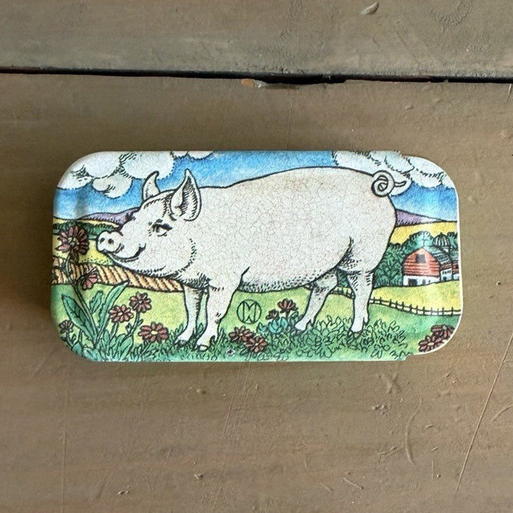 Vintage Potpourri Press Pig Trinket Box Farm Folk Art Hinged Tin Made in USA0