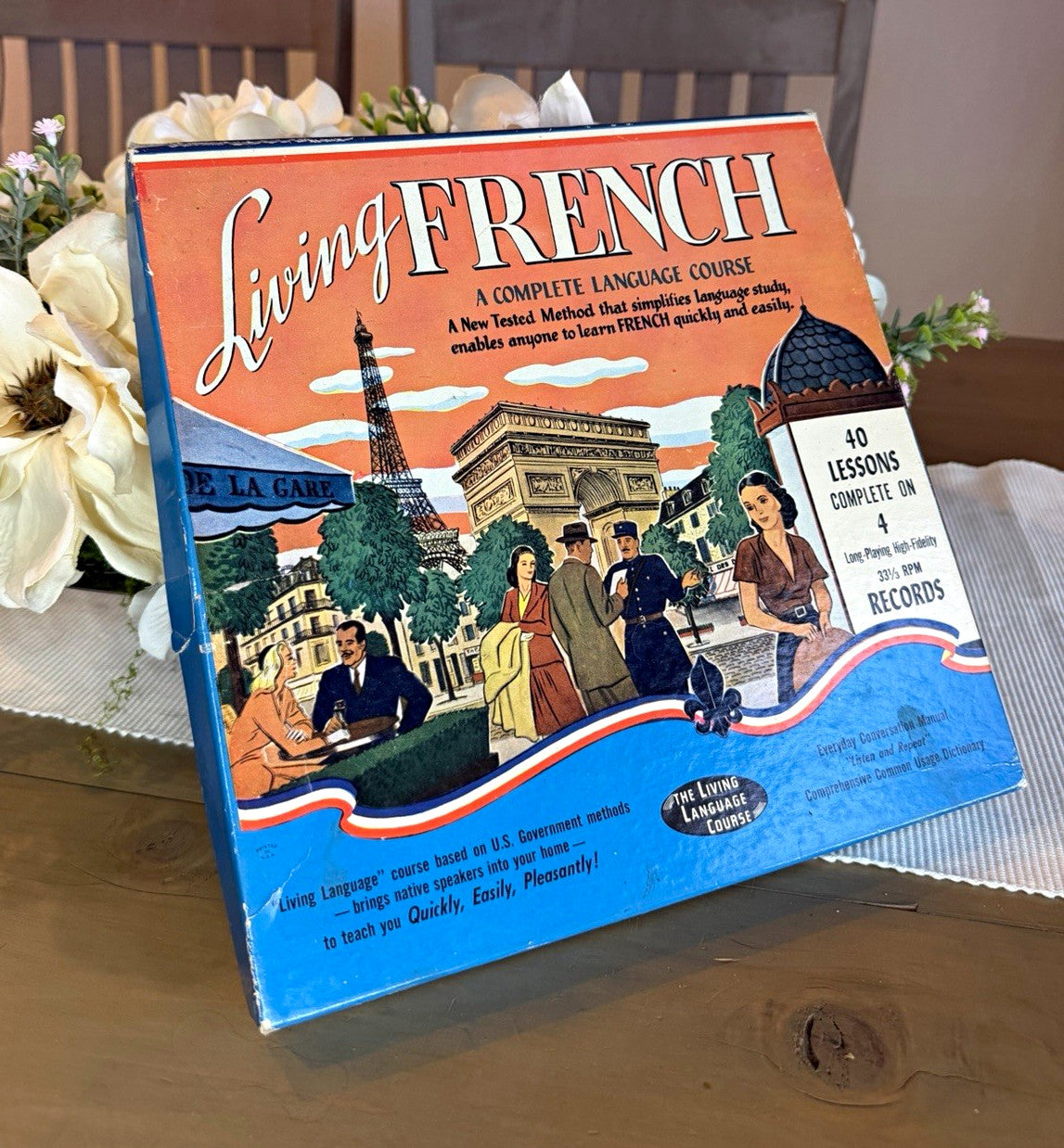 Vintage 1955 Living French Language Course 4 LP Records 40 Lessons Box Set0